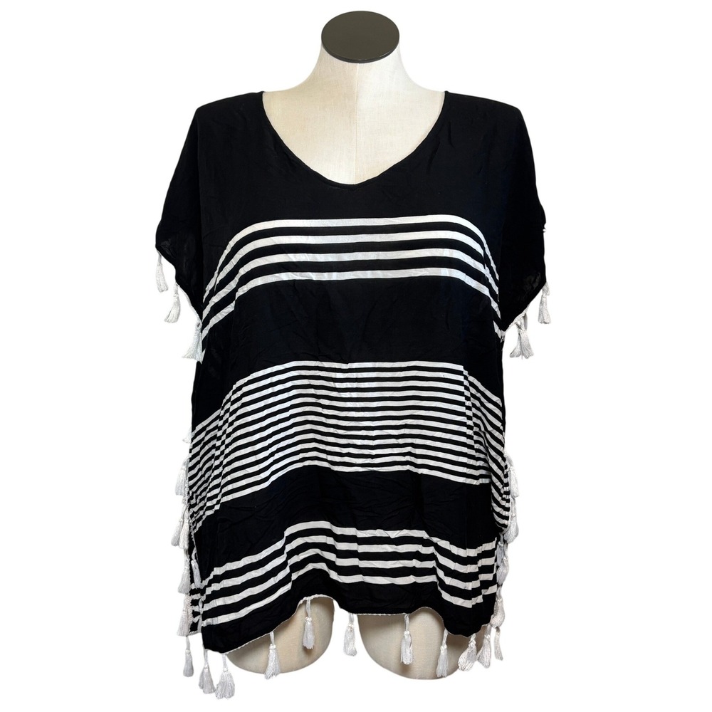 C&T Beach Black White Striped Tassel Trim Kaftan Swim Coverup Large Rayon Boho